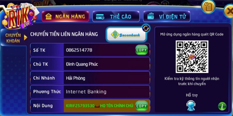 Nạp tiền Rikvip qua ngân hàng là lựa chọn an toàn, đơn giản nhất