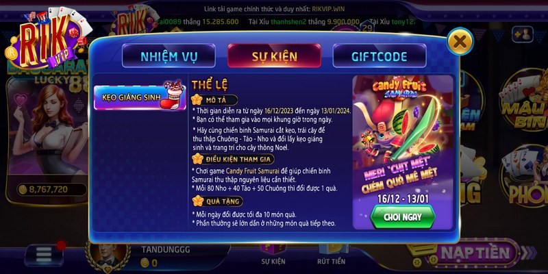 Nội dung thưởng nạp lại mỗi ngày từ cổng game Rikvip
